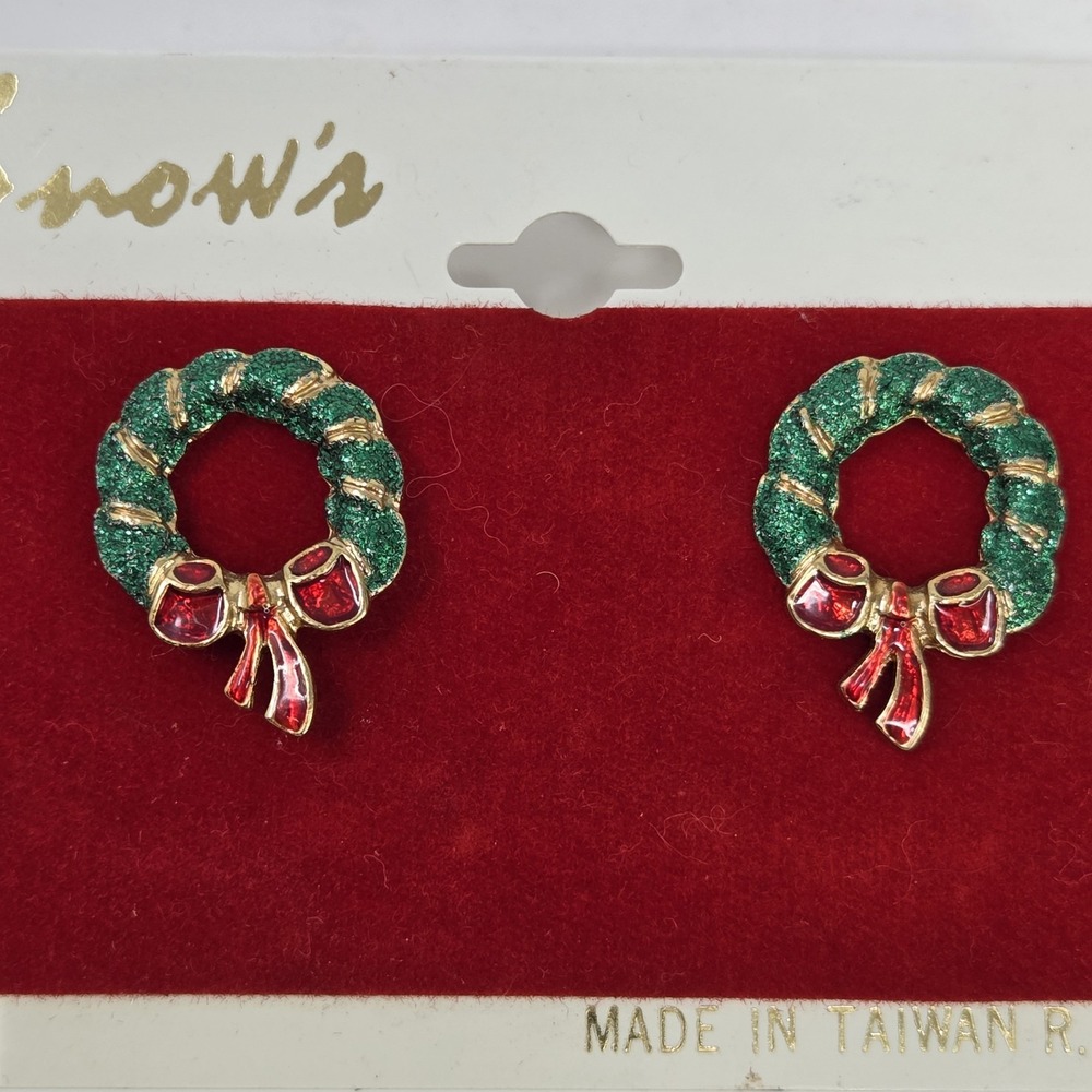 Vintage Christmas Wreath Earrings 1" Snow's‎